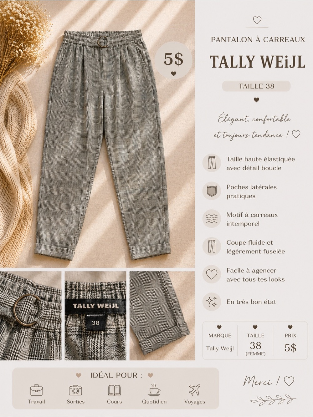 Tally Weijl Women's Gray Check Trousers - Elastic High Waist